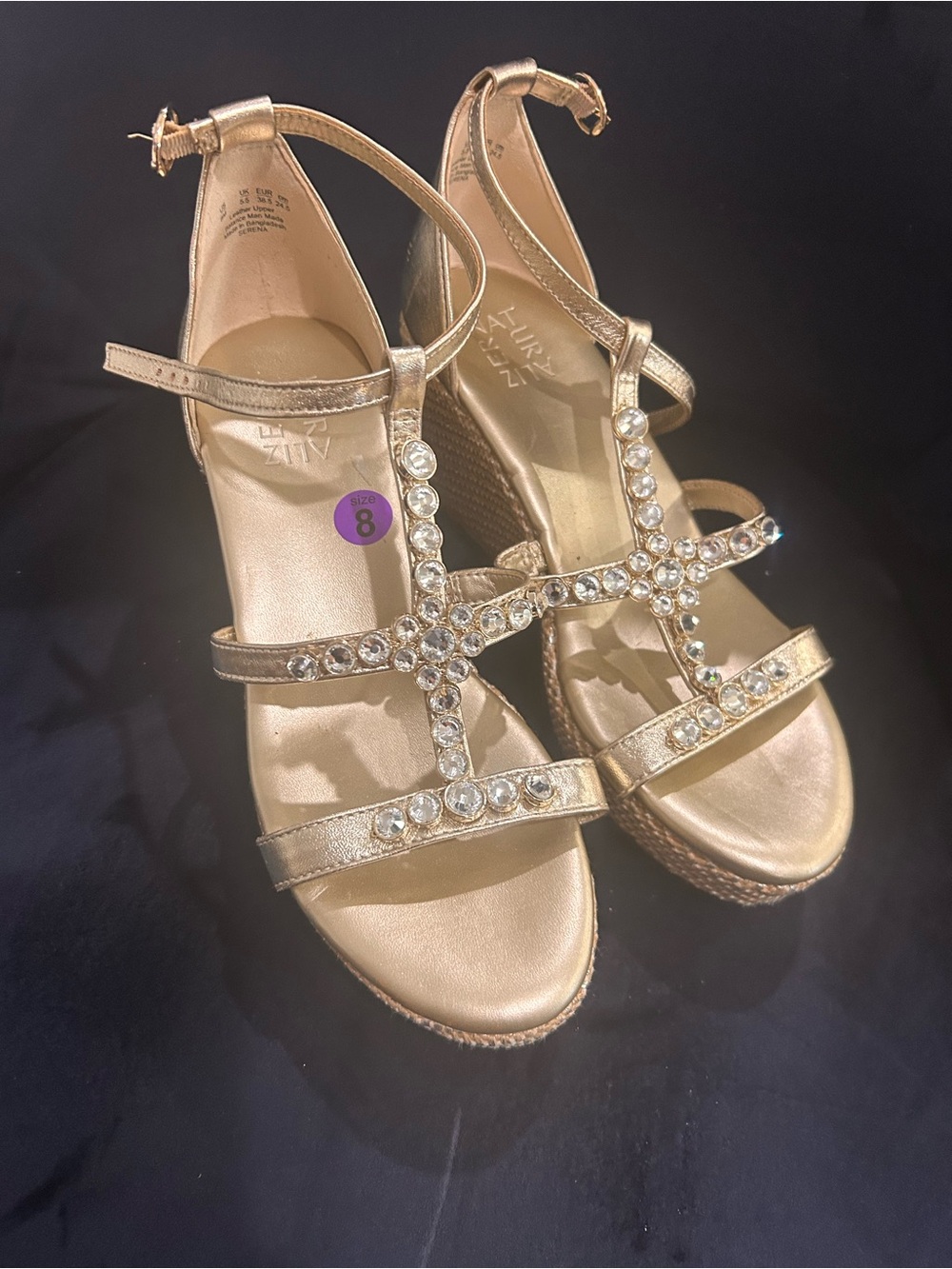 Naturalizer Gold Jeweled T-Strap Wedge Sandals